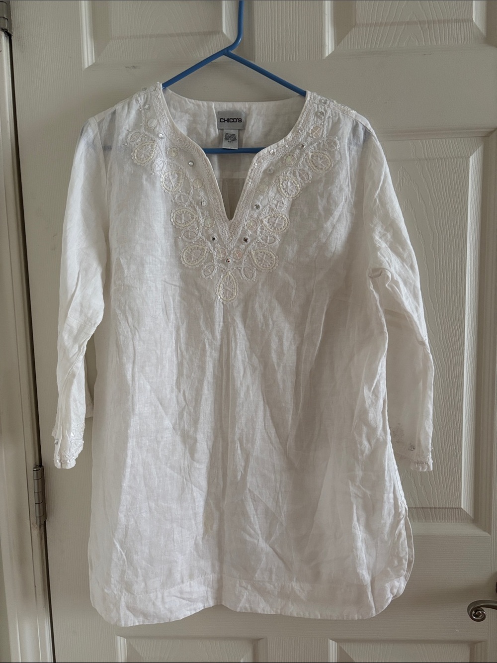 Chico's White Embroidered Linen Tunic with Sequin Accents